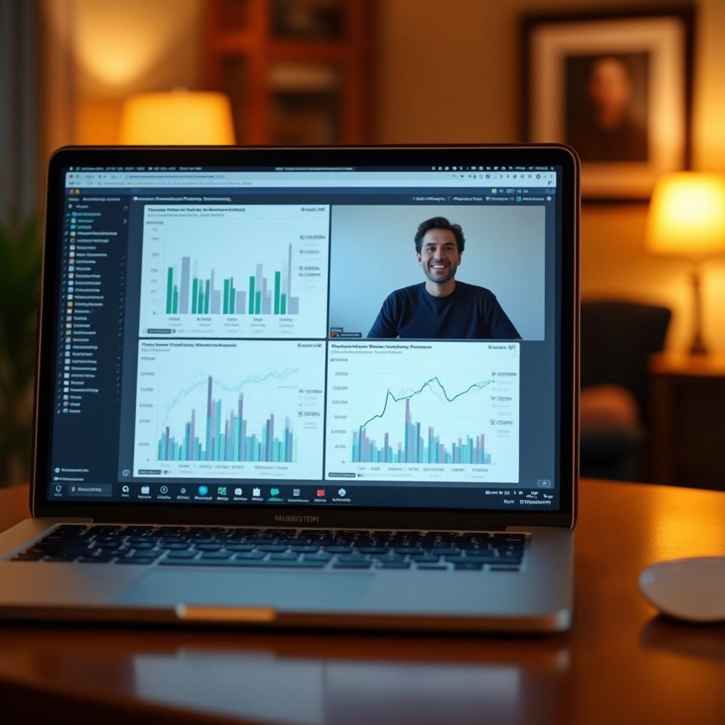 Un seminario web sobre finanzas personales en progreso en una pantalla de computadora portátil.