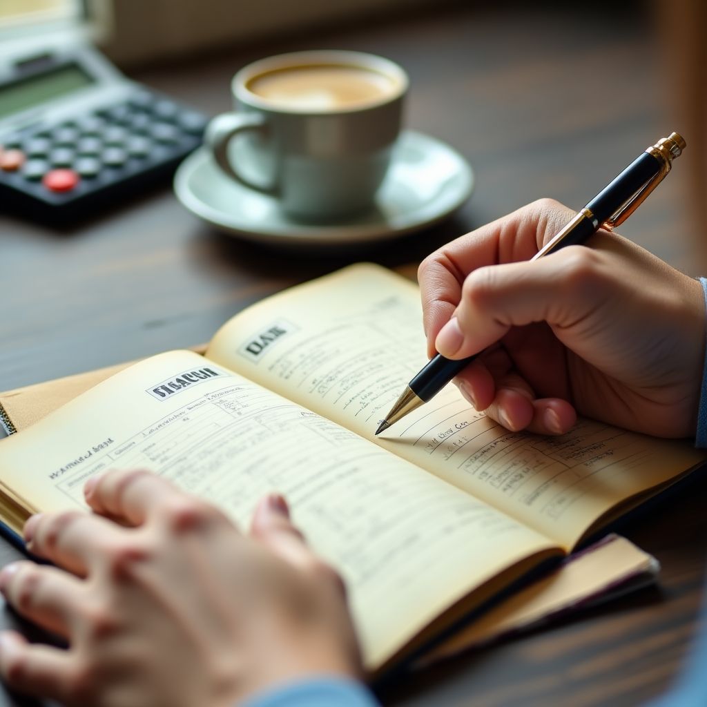 Manos escribiendo notas financieras en un cuaderno vintage.