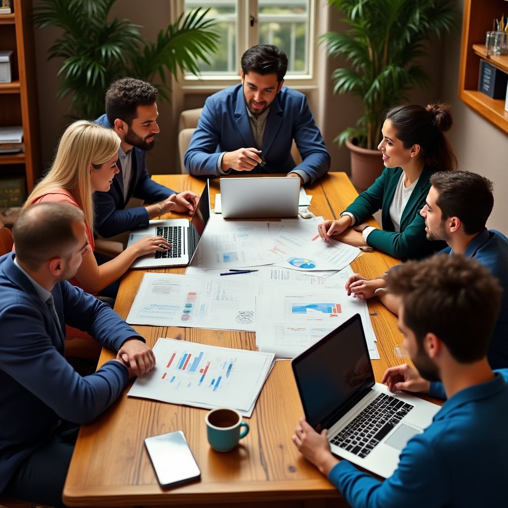 Un grupo de personas diversas colaborando en una mesa con gráficos financieros y computadoras portátiles.