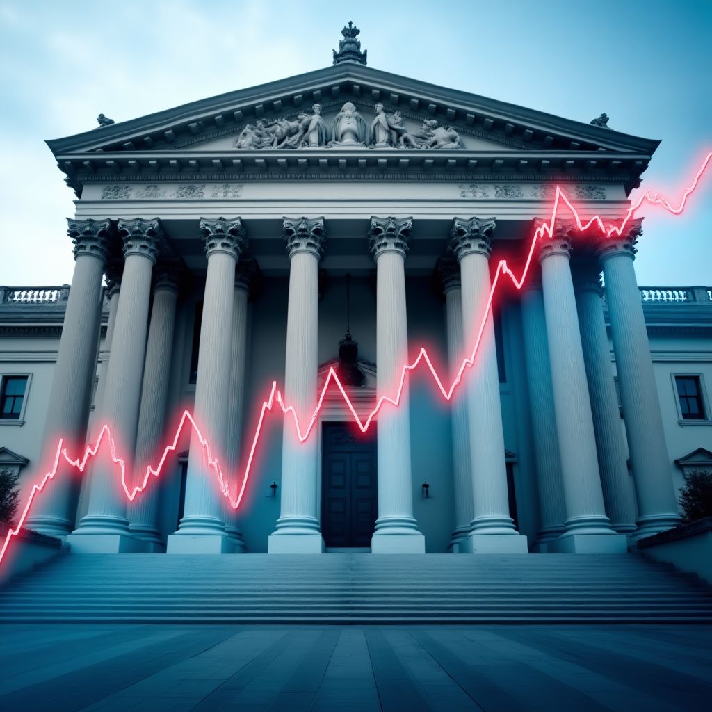 Edificio de un banco central con un gráfico de tasas de interés superpuesto.