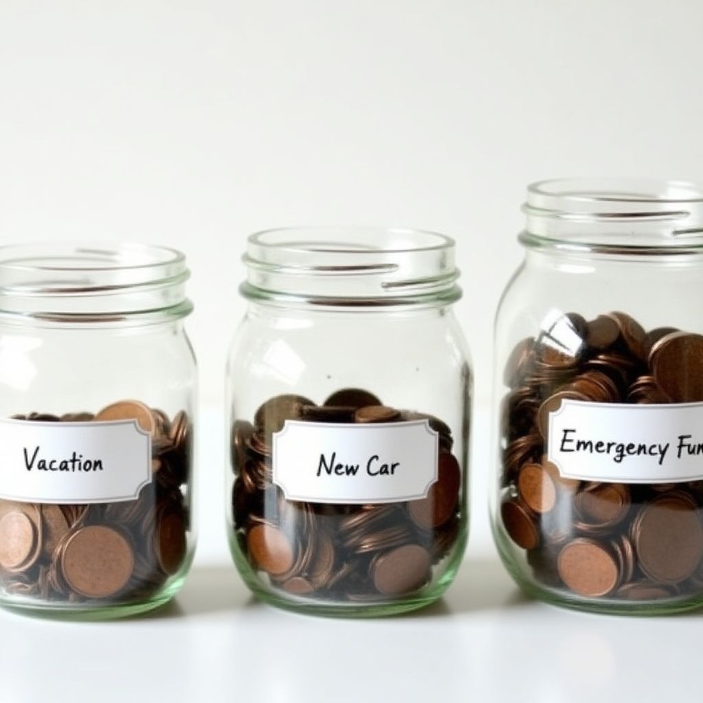 Frascos de vidrio etiquetados para diferentes metas de ahorro.