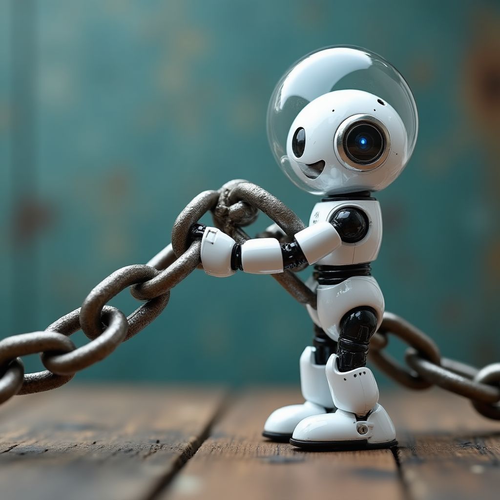 Una cadena de metal rota por un robot, simbolizando la automatización para eliminar deudas.