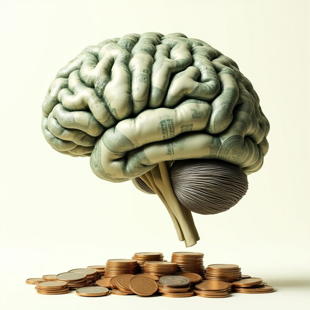 Un cerebro hecho de billetes y monedas, simbolizando la psicología del gasto.